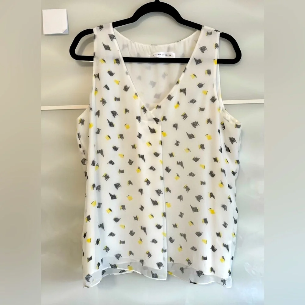 🛍️ Willow & Thread Sleeveless blouse v neck gray yellow pattern abstract L FLAW - Picture 1 of 5